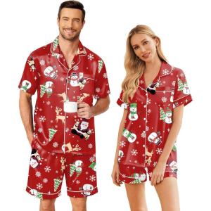 Ekouaer Couple Matching Pajamas Sets Silk Short Sleeve Button Down Sleepwear Satin Pjs Shorts Set Soft Lounge Set S-XXL(Xmas Red)