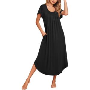 Ekouaer Long Nightgowns for Women with Pockets Short Sleeves Moo Moos for Women Casual Maxi Dress House Dresses S-XXXL(Black)