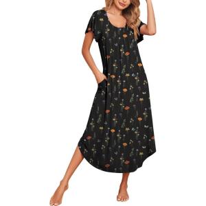 Ekouaer Long Nightgowns for Women with Pockets Short Sleeves Moo Moos for Women Casual Maxi Dress House Dresses S-XXXL(Black Butterfly Flower)