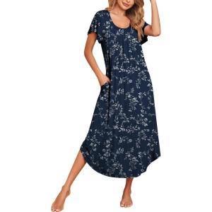 Ekouaer Long Nightgowns for Women with Pockets Short Sleeves Moo Moos for Women Casual Maxi Dress House Dresses S-XXXL(Blue White Flower)