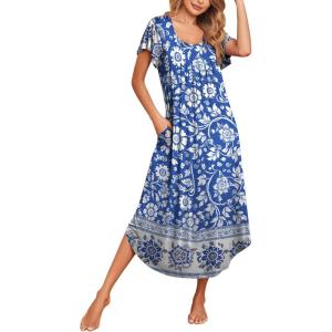 Ekouaer Long Nightgowns for Women with Pockets Short Sleeves Moo Moos for Women Casual Maxi Dress House Dresses S-XXXL(Bohemian Blue)