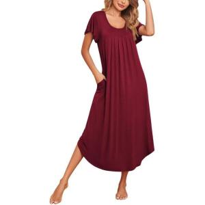 Ekouaer Long Nightgowns for Women with Pockets Short Sleeves Moo Moos for Women Casual Maxi Dress House Dresses S-XXXL(Cherry Red)
