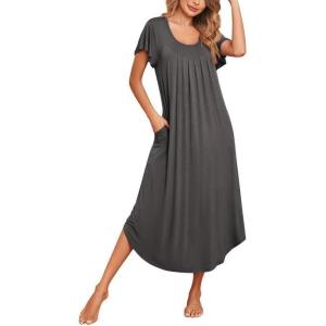 Ekouaer Long Nightgowns for Women with Pockets Short Sleeves Moo Moos for Women Casual Maxi Dress House Dresses S-XXXL(Drak Grey)