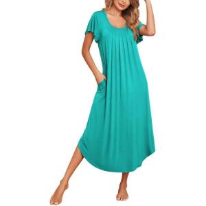 Ekouaer Long Nightgowns for Women with Pockets Short Sleeves Moo Moos for Women Casual Maxi Dress House Dresses S-XXXL(Green)