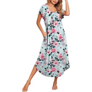 Ekouaer Long Nightgowns for Women with Pockets Short Sleeves Moo Moos for Women Casual Maxi Dress House Dresses S-XXXL(Green Flower)