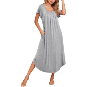 Ekouaer Long Nightgowns for Women with Pockets Short Sleeves Moo Moos for Women Casual Maxi Dress House Dresses S-XXXL(Light Grey)