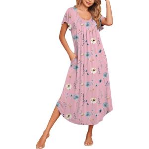 Ekouaer Long Nightgowns for Women with Pockets Short Sleeves Moo Moos for Women Casual Maxi Dress House Dresses S-XXXL(Pink Flower)