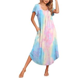 Ekouaer Long Nightgowns for Women with Pockets Short Sleeves Moo Moos for Women Casual Maxi Dress House Dresses S-XXXL(Pink Tie-dye)
