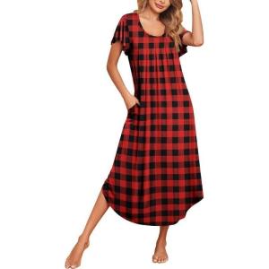 Ekouaer Long Nightgowns for Women with Pockets Short Sleeves Moo Moos for Women Casual Maxi Dress House Dresses S-XXXL(Plaid)