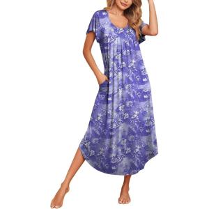 Ekouaer Long Nightgowns for Women with Pockets Short Sleeves Moo Moos for Women Casual Maxi Dress House Dresses S-XXXL(Purple Flower)