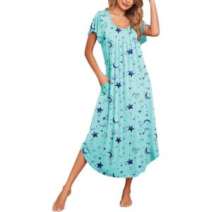 Ekouaer Long Nightgowns for Women with Pockets Short Sleeves Moo Moos for Women Casual Maxi Dress House Dresses S-XXXL(Star Print)