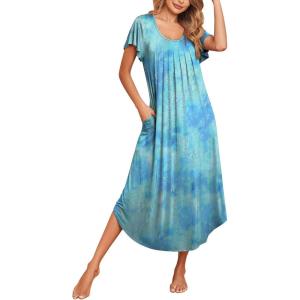 Ekouaer Long Nightgowns for Women with Pockets Short Sleeves Moo Moos for Women Casual Maxi Dress House Dresses S-XXXL(Teal Tie-dye)