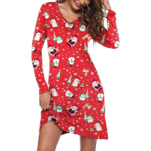 Ekouaer Long Sleeve Nightgowns for Women Sexy Lace Night Shirt V Neck Sleep Shirt Soft Sleepwear(Christmas Santa 2)