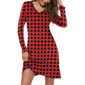 Ekouaer Long Sleeve Nightgowns for Women Sexy Lace Night Shirt V Neck Sleep Shirt Soft Sleepwear(Red & Black Plaid)