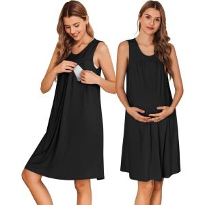Ekouaer Maternity Nursing Dress Nightgown Labor and Delivery Gown Sleeveless Pregnancy Breastfeeding Dresses(Black)