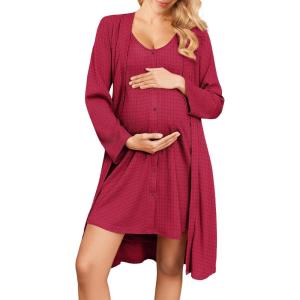 Ekouaer Maternity Nursing Gown and Robe Set 2 Piece Waffle Breastfeeding Nightgown 3 in 1 Labor and Delivery Hospital Gown(Dark Red)