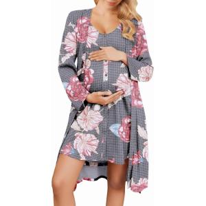 Ekouaer Maternity Nursing Gown and Robe Set 2 Piece Waffle Breastfeeding Nightgown 3 in 1 Labor and Delivery Hospital Gown(Grey Floral)