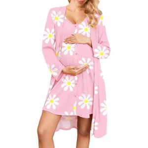 Ekouaer Maternity Nursing Gown and Robe Set 2 Piece Waffle Breastfeeding Nightgown 3 in 1 Labor and Delivery Hospital Gown(Pink Floral)