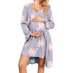 Ekouaer Maternity Nursing Gown and Robe Set 2 Piece Waffle Breastfeeding Nightgown 3 in 1 Labor and Delivery Hospital Gown(Purple Floral)