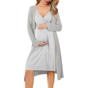 Ekouaer Maternity Nursing Gown and Robe Set Labor Delivery Nursing Nightgowns for Breastfeeding Pregnancy Clothes(Light Grey Stripe)