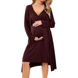 Ekouaer Maternity Nursing Gown and Robe Set Labor Delivery Nursing Nightgowns for Breastfeeding Pregnancy Clothes(Maroon)