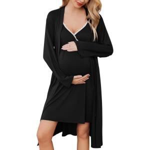 Ekouaer Maternity Nursing Gown and Robe Set Lace Nursing Nightgown for Breastfeeding Labor Delivery gowns for Hospital(A Black)