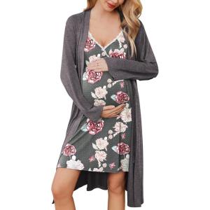Ekouaer Maternity Nursing Gown and Robe Set Lace Nursing Nightgown for Breastfeeding Labor Delivery gowns for Hospital(A Light Grey Flower)