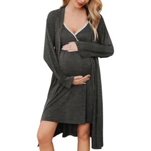Ekouaer Maternity Nursing Gown and Robe Set Lace Nursing Nightgown for Breastfeeding Labor Delivery gowns for Hospital(Dark Grey)