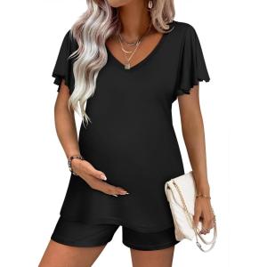 Ekouaer Maternity Sets 2 Piece Outfits Flowing Short Sleeve V Neck Postpartum Pregnancy Pajamas Clothes(Black)