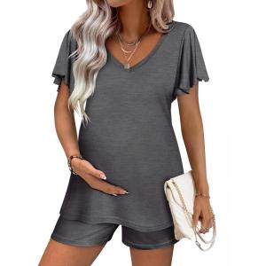 Ekouaer Maternity Sets 2 Piece Outfits Flowing Short Sleeve V Neck Postpartum Pregnancy Pajamas Clothes(Grey)