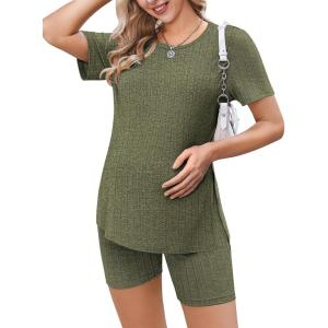 Ekouaer Maternity Sets 2 Piece Outfits Ribbed Knit Short Sleeve Shirts and Biker Shorts Pregnancy Loungewear Mama Clothes(Army Green)