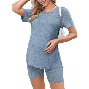 Ekouaer Maternity Sets 2 Piece Outfits Ribbed Knit Short Sleeve Shirts and Biker Shorts Pregnancy Loungewear Mama Clothes(Blue)
