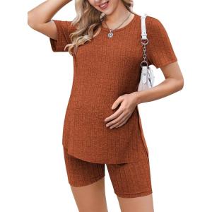 Ekouaer Maternity Sets 2 Piece Outfits Ribbed Knit Short Sleeve Shirts and Biker Shorts Pregnancy Loungewear Mama Clothes(Caramel)