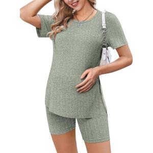 Ekouaer Maternity Sets 2 Piece Outfits Ribbed Knit Short Sleeve Shirts and Biker Shorts Pregnancy Loungewear Mama Clothes(Light Green)