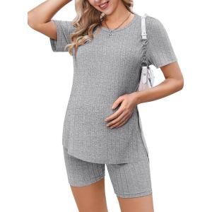 Ekouaer Maternity Sets 2 Piece Outfits Ribbed Knit Short Sleeve Shirts and Biker Shorts Pregnancy Loungewear Mama Clothes(Light Grey)