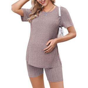 Ekouaer Maternity Sets 2 Piece Outfits Ribbed Knit Short Sleeve Shirts and Biker Shorts Pregnancy Loungewear Mama Clothes(Light Pink)