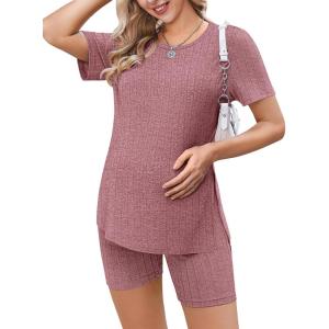 Ekouaer Maternity Sets 2 Piece Outfits Ribbed Knit Short Sleeve Shirts and Biker Shorts Pregnancy Loungewear Mama Clothes(Pink)