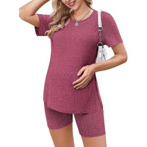 Ekouaer Maternity Sets 2 Piece Outfits Ribbed Knit Short Sleeve Shirts and Biker Shorts Pregnancy Loungewear Mama Clothes(Rose Red)