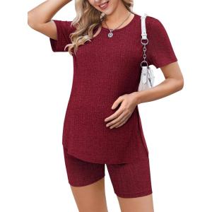 Ekouaer Maternity Sets 2 Piece Outfits Ribbed Knit Short Sleeve Shirts and Biker Shorts Pregnancy Loungewear Mama Clothes(Wine Red)