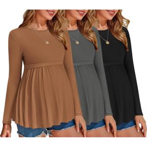 Ekouaer Maternity Shirts 3 Packs Pleated Long Sleeve Tops Tunic Casual Pregnancy Clothes(Black/Brown/Grey)