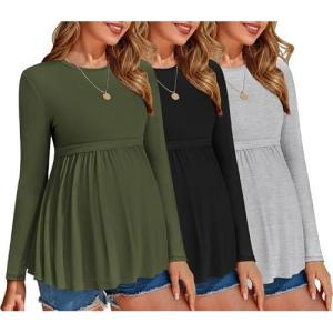 Ekouaer Maternity Shirts 3 Packs Pleated Long Sleeve Tops Tunic Casual Pregnancy Clothes(Black/Green/Light Grey)