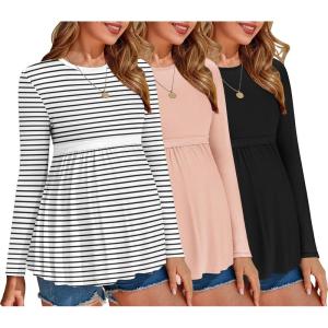 Ekouaer Maternity Shirts 3 Packs Pleated Long Sleeve Tops Tunic Casual Pregnancy Clothes(Black/Pink/White)