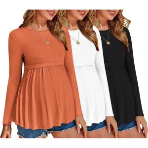 Ekouaer Maternity Shirts 3 Packs Pleated Long Sleeve Tops Tunic Casual Pregnancy Clothes(Black/White/Caramel)