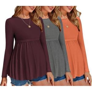 Ekouaer Maternity Shirts 3 Packs Pleated Long Sleeve Tops Tunic Casual Pregnancy Clothes(Caramel/Dark Red/Dark Grey)