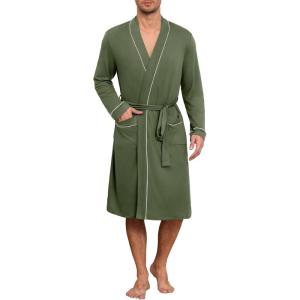 Ekouaer Mens Robes Lightweight Knit Bathrobe Long Sleeve Kimono Robe V Neck Spa Knee Length Sleepwear with Pockets S-XXL(Army Green)