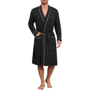 Ekouaer Mens Robes Lightweight Knit Bathrobe Long Sleeve Kimono Robe V Neck Spa Knee Length Sleepwear with Pockets S-XXL(Black)
