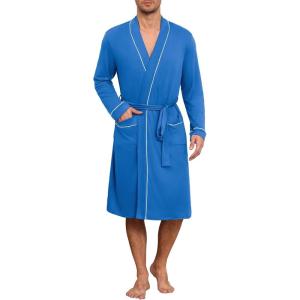 Ekouaer Mens Robes Lightweight Knit Bathrobe Long Sleeve Kimono Robe V Neck Spa Knee Length Sleepwear with Pockets S-XXL(Blue)