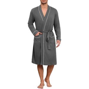 Ekouaer Mens Robes Lightweight Knit Bathrobe Long Sleeve Kimono Robe V Neck Spa Knee Length Sleepwear with Pockets S-XXL(Dark Gray)