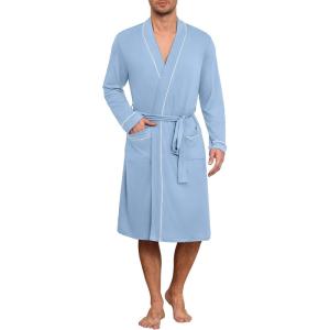 Ekouaer Mens Robes Lightweight Knit Bathrobe Long Sleeve Kimono Robe V Neck Spa Knee Length Sleepwear with Pockets S-XXL(Light Blue)