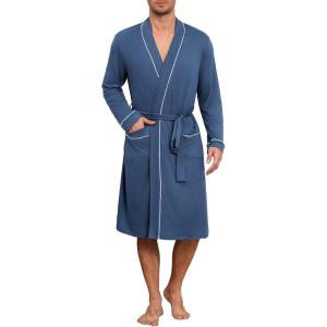 Ekouaer Mens Robes Lightweight Knit Bathrobe Long Sleeve Kimono Robe V Neck Spa Knee Length Sleepwear with Pockets S-XXL(Ocean Blue)